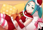  1girl aqua_hair couch crop_top elbow_gloves fur-trimmed_gloves fur-trimmed_hat fur-trimmed_legwear fur-trimmed_skirt fur_trim gloves green_eyes hat holding looking_at_viewer lying midriff miniskirt monogatari_(series) murata_isshin on_back ononoki_yotsugi open_mouth pencil_skirt polka_dot_pillow red_gloves red_hat red_skirt santa_costume santa_hat skirt solo stomach striped striped_legwear thighhighs twintails white_pillow yellow_pillow 