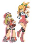  bike_shorts blonde_hair breasts cosplay costume_switch dress gloves green_eyes hat long_hair multiple_girls muu_(mumumer) red_shorts rockman rockman_dash roll roll_caskett shorts small_breasts 