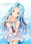  ahoge bare_shoulders blue_eyes blue_hair blush bridal_gauntlets choker collarbone cowboy_shot dress english gem granblue_fantasy highres long_hair looking_at_viewer lyria_(granblue_fantasy) sleeveless sleeveless_dress smile solo sundress toki_(toki_ship8) wading water white_choker white_dress 