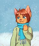  anthro chibi clothed clothing feline fur hair male mammal melamoryblack outside scarf smile snow solo standing 