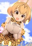 :d animal_ears animal_print bangs bare_shoulders blonde_hair blue_sky bow bowtie breasts brown_dress brown_gloves clenched_hands cloud cloudy_sky cowboy_shot day dress elbow_gloves gloves grass hair_between_eyes hands_up high-waist_skirt kemono_friends leaf legs_apart medium_breasts open_mouth outdoors plant savannah sawaco_(sawaco520) serval_(kemono_friends) serval_ears serval_print serval_tail shirt short_dress short_hair skirt sky sleeveless sleeveless_shirt smile solo standing tail thighhighs white_gloves white_shirt yellow_eyes 