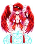  bad_id bad_pixiv_id belt blush boots bow breasts choker cleavage elf fang feathered_wings full_body fur-trimmed_boots fur_trim gloves hair_bow hand_on_hip hat highres knee_boots long_hair long_sleeves medium_breasts original pink_hair pointy_ears red_eyes red_footwear red_wings runes smile solo spread_legs ssumbi standing twintails uniform very_long_hair white_bow white_gloves wings 