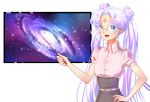  1girl :d bishoujo_senshi_sailor_moon blue_eyes double_bun dress_shirt galaxy glasses grey_skirt hand_on_hip highres holding kaminary long_hair open_mouth pink_shirt round_eyewear sailor_cosmos shirt short_sleeves silver_hair skirt smile solo standing twintails very_long_hair white_background 