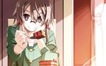  asada_shino brown_eyes brown_hair cake food glasses highres looking_at_viewer shikei short_hair solo sword_art_online 