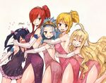  ass blonde_hair blue_hair blush breasts closed_eyes dress erza_scarlet fairy_tail flat_chest flying_sweatdrops from_side girl_sandwich gloves hair_over_one_eye hug levy_mcgarden long_hair looking_at_viewer lucy_heartfilia mavis_vermilion multiple_girls one_eye_closed pelvic_curtain ponytail red_hair rusky sandwiched short_hair simple_background smile tiara twitter_username wavy_mouth wendy_marvell 