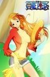  1girl blonde_hair breasts brown_eyes erect_nipples long_hair looking_at_viewer nami navel one_piece open_clothes smile solo tagme 