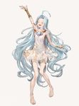  ahoge bare_shoulders barefoot blue_eyes blue_hair blush closed_eyes dress full_body granblue_fantasy highres image_sample long_hair lyria_(granblue_fantasy) nanase_miri open_mouth see-through simple_background sleeveless sleeveless_dress smile twitter_sample very_long_hair white_dress 