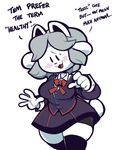  :3 anthro blush breasts clothing dialogue english_text female fur grey_hair hair mangneto open_mouth school_uniform simple_background skirt solo sweat sweatdrop tem temmie_(undertale) text thick_thighs undertale uniform video_games white_background white_fur wide_hips 