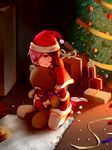  blush boots brown_hair capelet christmas_ornaments christmas_tree fur-trimmed_boots fur-trimmed_capelet fur-trimmed_gloves fur_trim gift gloves hair_over_one_eye hat highres long_hair looking_at_viewer neo_(rwby) pink_eyes pink_hair red_gloves rwby santa_costume santa_hat sitting smile solo stuffed_animal stuffed_toy teddy_bear thighhighs tl wariza white_legwear 