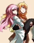  ahoge blonde_hair boots brown_hair carrying fingerless_gloves gloves knee_boots long_hair looking_at_viewer multiple_girls neo_(rwby) pants pink_hair princess_carry rwby sketch tl yang_xiao_long 