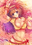  arm_up blush breast_suppress breasts brown_hair choker closed_mouth deep_skin earrings eyebrows_visible_through_hair fate/grand_order fate_(series) flower groin hair_between_eyes hair_flower hair_ornament jewelry large_breasts long_hair looking_at_viewer lying mata_hari_(fate/grand_order) on_back pom_pom_(clothes) purple_eyes short_sleeves smile solo sparkle tsurugi_hikaru veil wrist_cuffs 