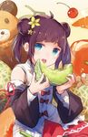  :o ahoge bangs black_hair blue_eyes blurry bow cherry chocolate chocolate_bar cocktail_glass cup depth_of_field detached_sleeves double_bun dragon drinking_glass eating eyebrows_visible_through_hair flower food fruit hair_flower hair_ornament holding looking_at_viewer melon open_mouth original roll_okashi round_teeth short_hair solo stuffed_animal stuffed_toy teddy_bear teeth 