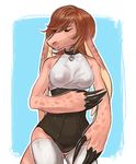  anteater anthro breasts clothed clothing collar eyes_closed female hair mammal melamoryblack nipple_bulge solo standing 