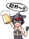  &gt;_&lt; alcohol asymmetrical_hair bare_shoulders beer beer_mug black_hair cheering clenched_hand closed_eyes commentary_request cup foam framed_breasts gloves hair_between_eyes headgear headphones holding holding_cup i-14_(kantai_collection) kantai_collection looking_at_viewer neckerchief open_mouth partly_fingerless_gloves sailor_collar school_swimsuit short_hair shouting single_glove smile standing swimsuit toast_(gesture) translated white_background yukimi_unagi 