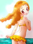  1girl arisugawa_himari ass bikini blush body_blush brown_eyes brown_hair eyebrows highres kirakira_precure_a_la_mode long_hair looking_back open_mouth precure ruriruri smile solo swimsuit tied_hair twintails 