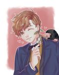  bow bowtie bowtruckle brown_eyes brown_hair coat fantastic_beasts_and_where_to_find_them freckles heart highres leaf male_focus newt_scamander niffler teeth upper_body usan93 