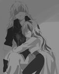  blood blood_from_mouth cropped_jacket fingerless_gloves gloves greyscale highres hug long_hair looking_at_viewer monochrome multiple_girls neo_(rwby) pants rwby shaded_face tight tight_pants tl waist_cape waist_hug yang_xiao_long 