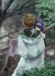  1boy 1girl black_gloves boots brown_footwear brown_hair carrying cyaca_ab dress eyes_closed fingerless_gloves fire_emblem fire_emblem:_akatsuki_no_megami from_above from_behind gloves headband long_dress long_hair nintendo outdoors princess_carry purple_hair purple_legwear rain rhys tree wayu_(fire_emblem) white_dress 