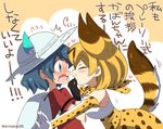  2girls animal_ears backpack bag blush check_translation closed_eyes commentary_request elbow_gloves eromame eyebrows_visible_through_hair flying_sweatdrops gloves hands_on_another's_face hat hat_feather heart helmet imminent_kiss kaban_(kemono_friends) kemono_friends md5_mismatch multiple_girls nose_blush open_mouth pith_helmet red_shirt serval_(kemono_friends) serval_ears serval_print serval_tail shirt short_hair tail translation_request wavy_mouth yuri 