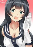  agano_(kantai_collection) aqua_eyes artist_name bare_shoulders black_hair blush breasts cleavage collarbone dated elbow_gloves eyebrows_visible_through_hair gloves gradient gradient_background hand_up highres kamelie kantai_collection large_breasts long_hair looking_at_viewer open_mouth red_background sailor_collar solo waving white_gloves 