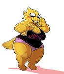  alphys anthro belly big_belly big_breasts blush breasts cleavage clothed clothing eyewear female glasses lizard looking_at_viewer obese overweight overweight_female reptile scalie shirt simple_background solo undertale underwear unknown_artist video_games white_background wide_hips 