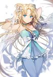  arms_up artist_name bangs blonde_hair blue_eyes choker derivative_work double_bun feathered_wings flower hair_flower hair_ornament hand_in_hair lace long_hair looking_at_viewer original ribbon smile solo strapless sukja thigh_gap waist_cape white_ribbon white_wings wings wrist_cuffs 