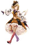  bad_id bad_pixiv_id blonde_hair boots claw_(weapon) djeeta_(granblue_fantasy) dress frills full_body gloves granblue_fantasy halloween_costume high_heel_boots high_heels knee_boots lips long_sleeves midriff navel purple_gloves red_footwear ruffled_skirt ruffled_sleeves short_hair simple_background solo striped striped_legwear uoyaao weapon white_background 