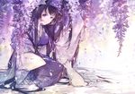  arm_up bangs black_hair breasts cat commentary_request highres japanese_clothes kimono light_smile long_hair looking_at_viewer medium_breasts miyuki_(miyuki0529) obi original parted_lips purple_eyes purple_kimono sash solo squatting very_long_hair 