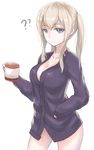  ?? blonde_hair blue_eyes breasts cardigan cleavage coffee coffee_mug collarbone cup disco_brando graf_zeppelin_(kantai_collection) hand_in_pocket highres kantai_collection large_breasts long_hair mug naked_cardigan solo steam sweater 