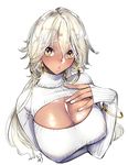  artist_name bangle bangs black_lily_(shiromitsu_daiya) blonde_hair bracelet breasts cleavage cleavage_cutout covered_nipples dark_skin earrings eyebrows_visible_through_hair eyelashes genderswap genderswap_(mtf) hair_between_eyes hand_on_own_chest hand_up hoop_earrings jewelry large_breasts long_hair long_sleeves looking_at_viewer makeup mascara meme_attire nail_polish open-chest_sweater original pink_lips ribbed_sweater shiromitsu_daiya signature simple_background solo sweater turtleneck white_background white_nails yellow_eyes 