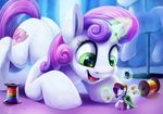  2017 clothing cutie_mark duo equine eyelashes eyes_closed eyeshadow female feral friendship_is_magic glowing green_eyes hair hooves horn inside jewelry magic makeup mammal micro multicolored_hair my_little_pony necklace open_mouth rarity_(mlp) spool sweetie_belle_(mlp) tsitra360 two_tone_hair unicorn 