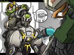  4_fingers bastion_(overwatch) big_breasts blonde_hair blush breasts dr.bug duo equine equine_taur faceless_male female hair inviting living_machine looking_back machine male mammal not_furry omnic orisa_(overwatch) overwatch penis presenting presenting_pussy pussy robot speech_bubble taur video_games yellow_eyes 
