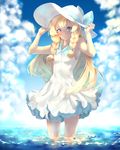  bad_id bad_pixiv_id bare_shoulders blonde_hair blush braid breasts dress green_eyes hat highres lillie_(pokemon) long_hair looking_at_viewer ocean pokemon pokemon_(game) pokemon_sm sleeveless sleeveless_dress small_breasts solo sun_hat yelsh 