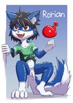  anthro balloon balls blue_fur bottomless canine clothed clothing crouching cub dakkawolf fur gradient_background mammal open_mouth penis rorian shirt simple_background spread_legs spreading uncut wet white_fur wolf young 