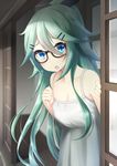  alternate_costume bespectacled blue_eyes blurry breasts casual cleavage collarbone commentary_request depth_of_field dress glasses green_hair hair_between_eyes hair_ornament hair_ribbon hairclip kantai_collection long_hair looking_at_viewer medium_breasts nekobaka peeking_out ribbon sliding_doors solo spaghetti_strap white_dress wooden_floor yamakaze_(kantai_collection) 