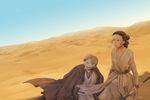  1girl beard crossover desert dutch_angle facial_hair jedi matsuri6373 obi-wan_kenobi rey_(star_wars) sand science_fiction signature staff star_wars star_wars:_the_clone_wars star_wars:_the_force_awakens time_paradox tunic 