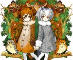  bad_id bad_pixiv_id bird book brown_eyes brown_hair buttons coat eurasian_eagle_owl_(kemono_friends) fur_collar fur_trim hair_between_eyes head_wings highres holding_hands japari_symbol kemono_friends kooten_bergh_no_youhei long_sleeves multicolored_hair multiple_girls northern_white-faced_owl_(kemono_friends) owl short_hair white_hair 