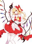  absurdres ascot blonde_hair blood bloody_weapon blouse bow choker cowboy_shot cropped_vest crystal flandre_scarlet frilled_shirt_collar frilled_skirt frills hair_bow hat highres holding holding_weapon laevatein long_hair looking_at_viewer mob_cap puffy_short_sleeves puffy_sleeves red_bow red_eyes red_skirt red_vest sheya short_sleeves side_ponytail simple_background skirt smile solo thighhighs tongue tongue_out touhou vest weapon white_background white_blouse white_hat white_legwear wings yellow_neckwear 