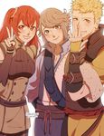  2boys azur_(fire_emblem) blonde_hair brown_hair darkgreyclouds eudes_(fire_emblem) fire_emblem fire_emblem:_kakusei looking_at_viewer multiple_boys pauldrons red_hair selena_(fire_emblem) simple_background smile twintails 