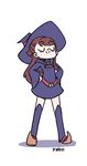 1girl belt brown_hair eyes_closed findo hands_on_hips kagari_atsuko little_witch_academia long_hair short_dress smile solo thigh_boots white_background witch witch_hat 
