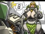  4_fingers ambiguous_gender bastion_(overwatch) big_breasts blonde_hair blush breasts clothing dr.bug duo female hair living_machine loincloth machine not_furry omnic open_mouth orisa_(overwatch) overwatch robot shaking speech_bubble sweat video_games yellow_eyes 