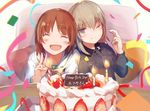  :d bangs birthday_cake blonde_hair blue_eyes blurry brown_hair cake candle character_name closed_eyes confetti couch depth_of_field eyebrows_visible_through_hair fire food fruit girls_und_panzer happy_birthday head_to_head itsumi_erika kuromorimine_school_uniform long_hair long_sleeves multiple_girls nishizumi_miho one_eye_closed ooarai_school_uniform open_mouth pillow roll_okashi school_uniform sitting smile strawberry strawberry_shortcake table upper_body v wing_collar 