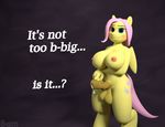  2017 3d_(artwork) anthro bacn balls big_breasts blush breasts clothed clothing cum dialogue dickgirl digital_media_(artwork) english_text equine erection fluttershy_(mlp) friendship_is_magic hair horse huge_breasts intersex looking_at_viewer mammal my_little_pony nipples nude penis pony precum simple_background solo standing text topless 