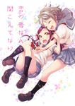  :d ^_^ black_legwear brown_eyes brown_footwear chado closed_eyes commentary_request convenient_leg cover cover_page doujin_cover flower grey_hair hair_ornament hairclip hug hug_from_behind kneehighs loafers long_hair love_live! love_live!_sunshine!! miniskirt multiple_girls neckerchief open_mouth pleated_skirt red_hair sakurauchi_riko school_uniform serafuku shoes short_hair short_sleeves skirt smile tie_clip uranohoshi_school_uniform watanabe_you yuri 