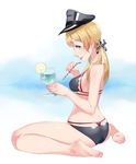  :p alternate_costume anchor_hair_ornament aqua_eyes bikini black_bikini breasts commentary_request cup drinking_glass drinking_straw gradient gradient_background hair_ornament hat highres holding kantai_collection light_brown_hair long_hair looking_at_viewer medium_breasts peaked_cap prinz_eugen_(kantai_collection) saruchitan sideboob simple_background sitting smile solo swimsuit tongue tongue_out twintails wariza wine_glass 