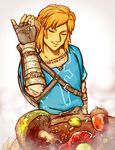  acorn arm_at_side arm_guards belt belt_buckle blonde_hair brown_gloves buckle cooking fingerless_gloves food gloves leather leather_belt link male_focus meat meme mori_no_yousei mushroom parted_lips pointy_ears salt salt_bae_(meme) shoulder_belt smile steam the_legend_of_zelda the_legend_of_zelda:_breath_of_the_wild tunic upper_body 