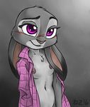  2016 anthro bottomless breasts clothed clothing disney female fur greyscale judy_hopps lagomorph long_ears mammal monochrome navel nezuya nipples open_shirt pawtsun rabbit shirt simple_background solo tuft zootopia 