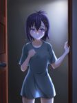  blush clenched_hand collarbone commentary_request doorway embarrassed gabriel_dropout green_shirt hair_between_eyes hair_ornament hairclip hand_on_own_chest highres kannazuki_kenji looking_away nose_blush open_door oversized_clothes oversized_shirt purple_eyes purple_hair see-through_silhouette shirt short_sleeves solo standing t-shirt tsukinose_vignette_april wet wet_hair x_hair_ornament 