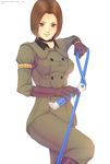  boots bracelet breasts brown_hair choker commentary gloves highres jewelry kthovhinao_virmi medium_breasts military military_uniform short_hair snk solo the_king_of_fighters the_king_of_fighters_xiv uniform weapon whip whip_(kof) 