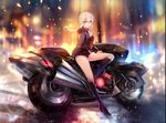  artoria_pendragon_(all) black_footwear blonde_hair boots breasts cleavage fate/grand_order fate_(series) ground_vehicle high_heel_boots high_heels hood hoodie knee_boots leaning_against_motorcycle medium_breasts motor_vehicle motorcycle rain saber_alter shorts sitting solo teddy_(khanshin) yellow_eyes 